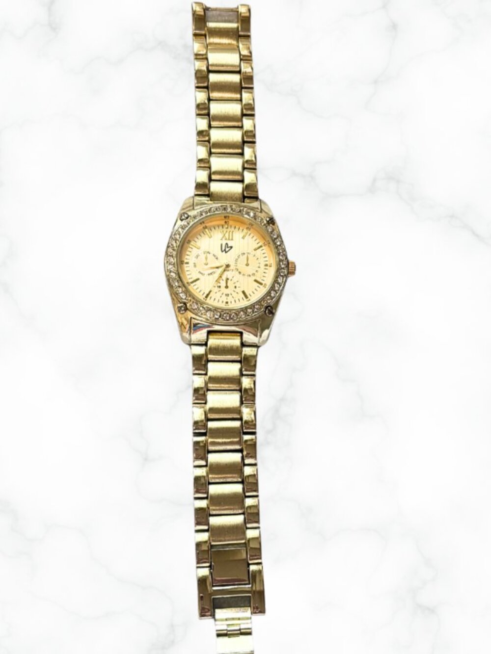 LANE BRYANT | Gold Tone Rhinestone Bezel Chrono Style Link Bracelet Watch